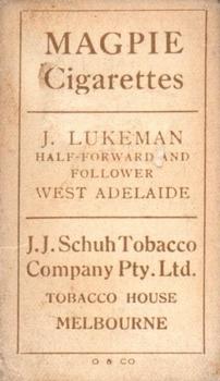1922 J.J. Schuh Australian Footballers #NNO Joe Lukeman Back